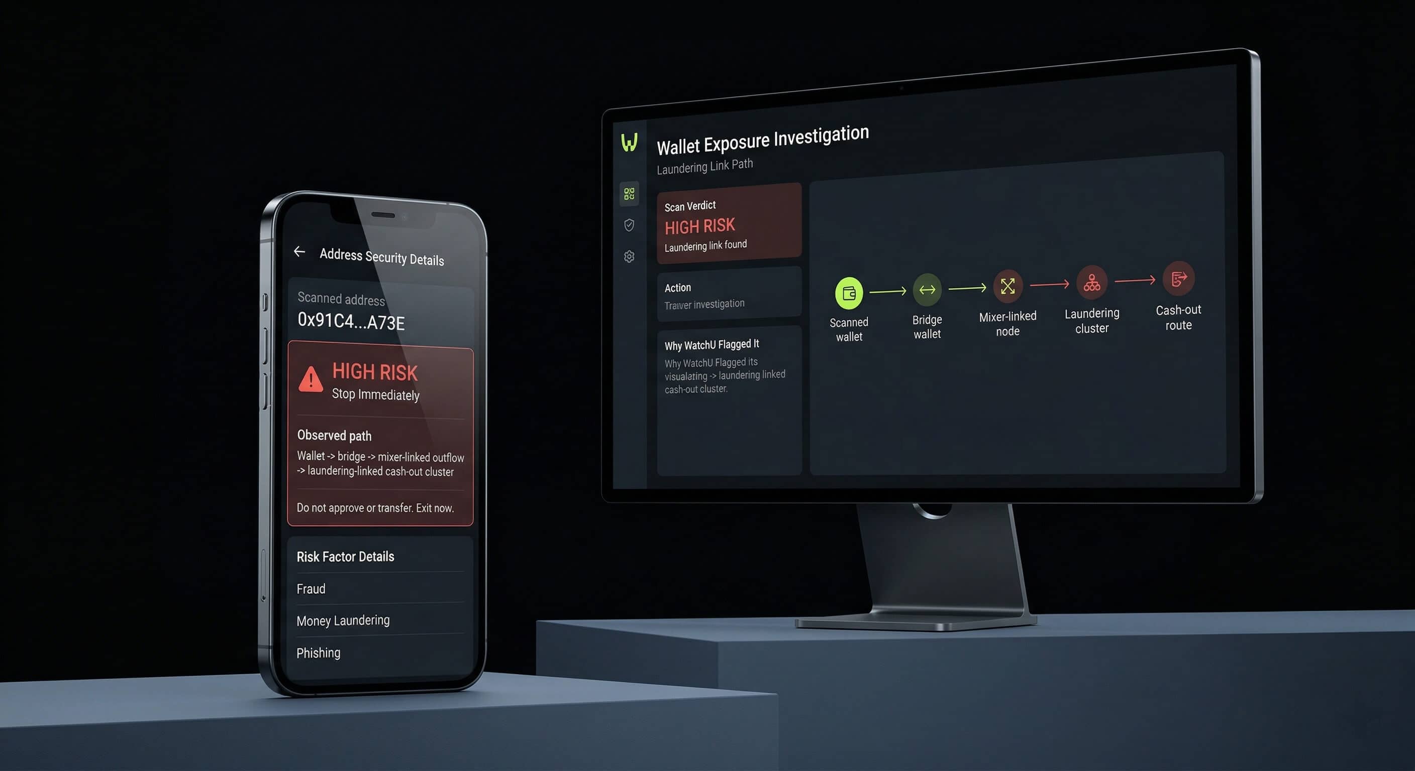 WatchU mobile and web wallet exposure investigation interfaces